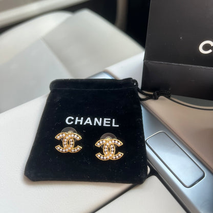 Chanel Double C Palace Style Pearl Stud Earrings