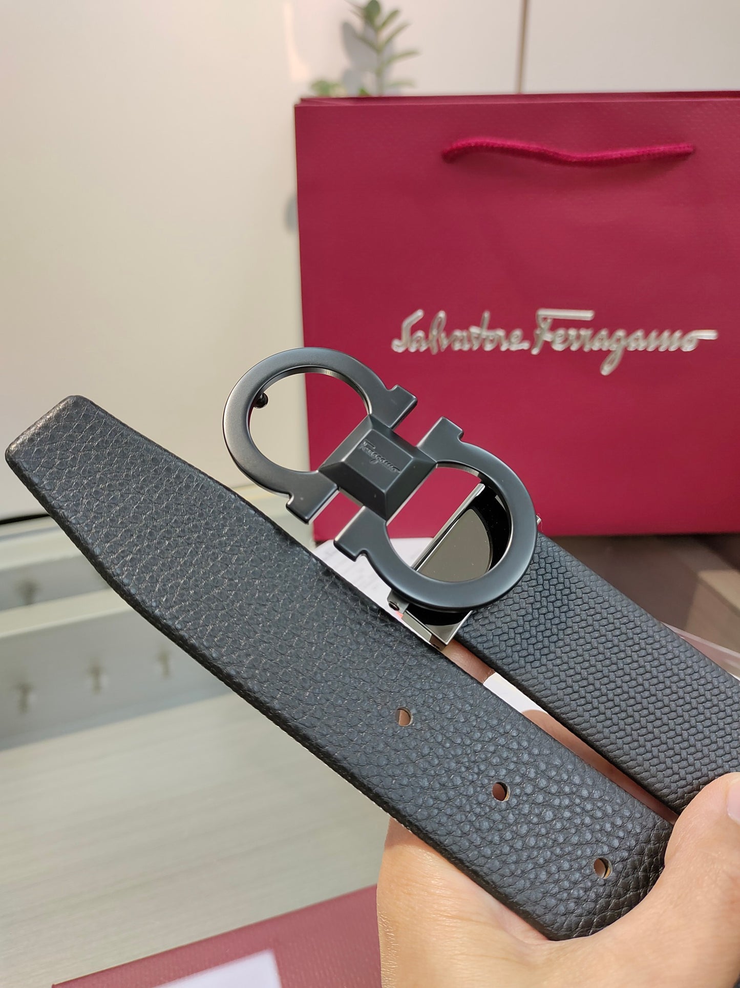 Ferragamo Reversible Leather Belt with Copper Buckle