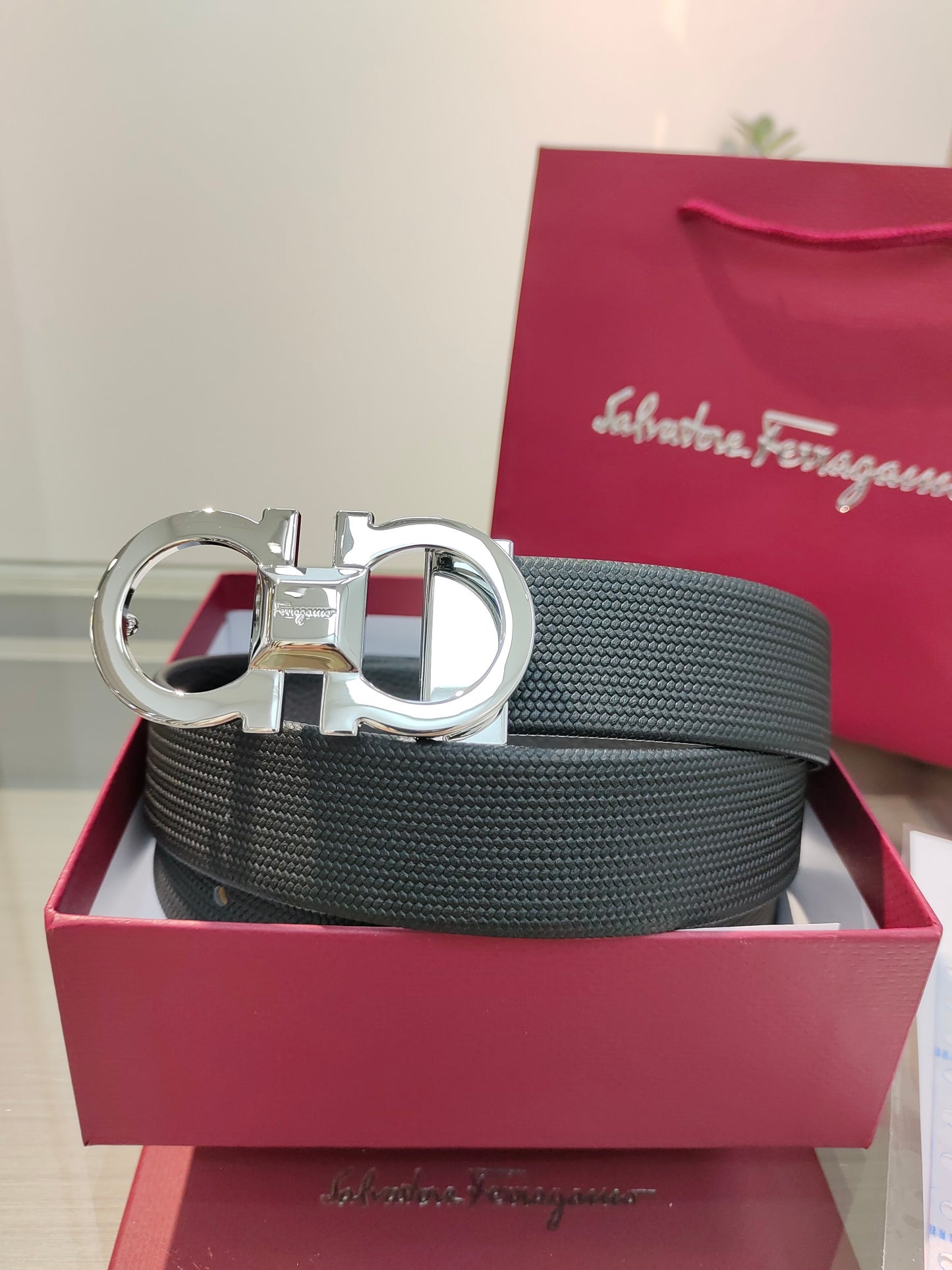 Ferragamo Reversible Leather Belt with Copper Buckle