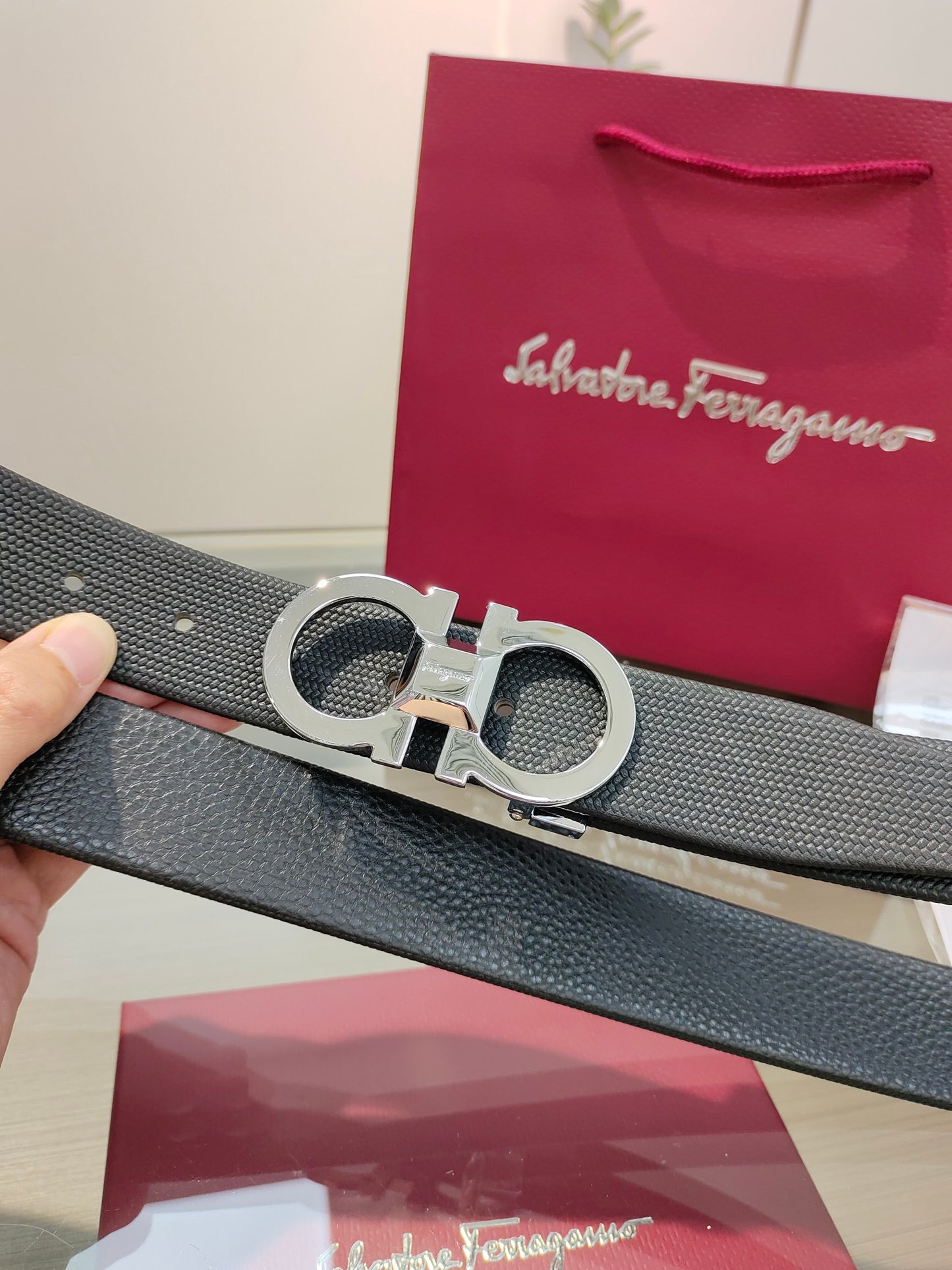 Ferragamo Reversible Leather Belt with Copper Buckle