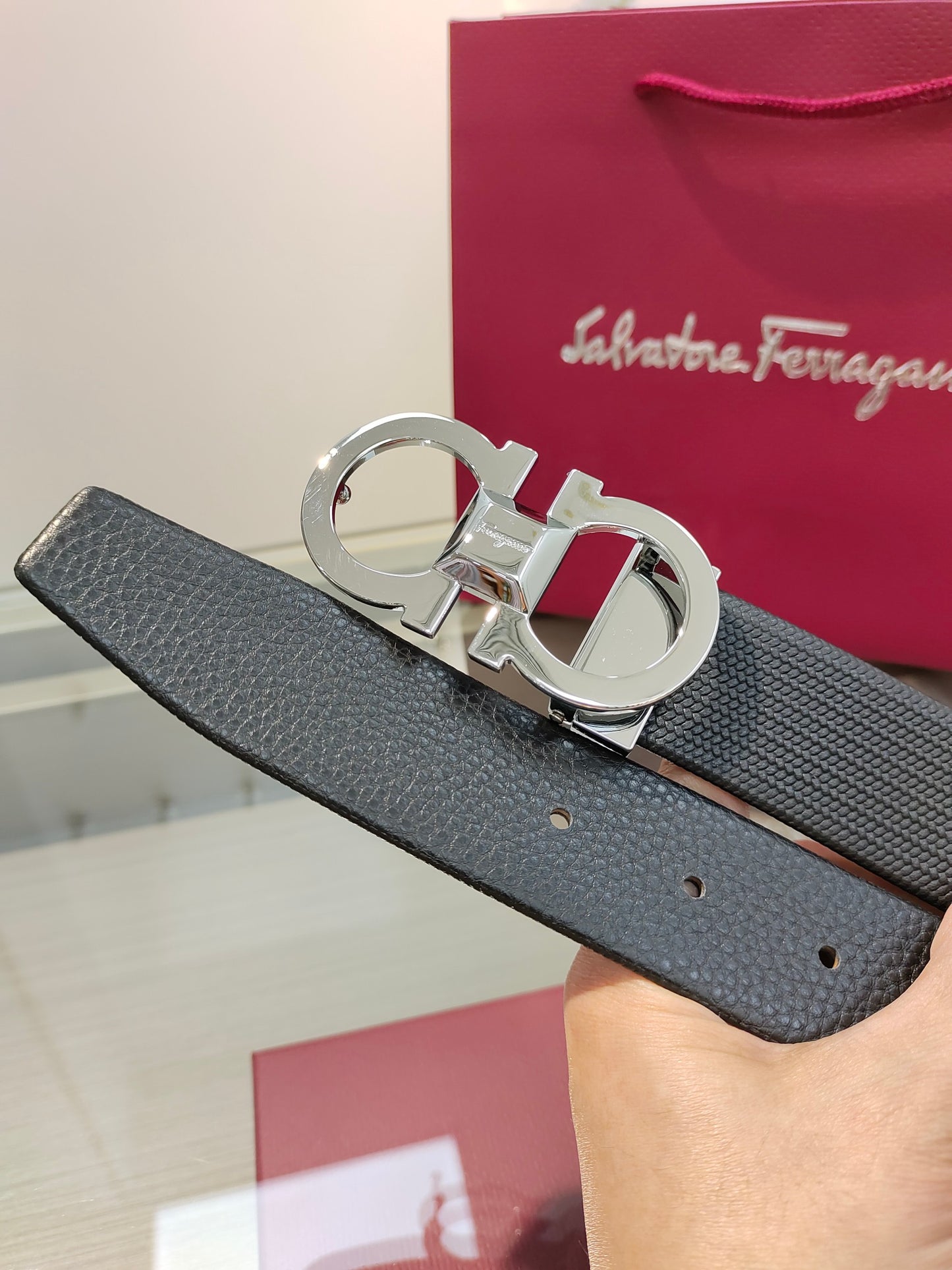 Ferragamo Reversible Leather Belt with Copper Buckle