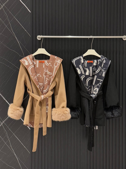 Hermès Old Money Style Detachable Fur Sleeve Wool Coat