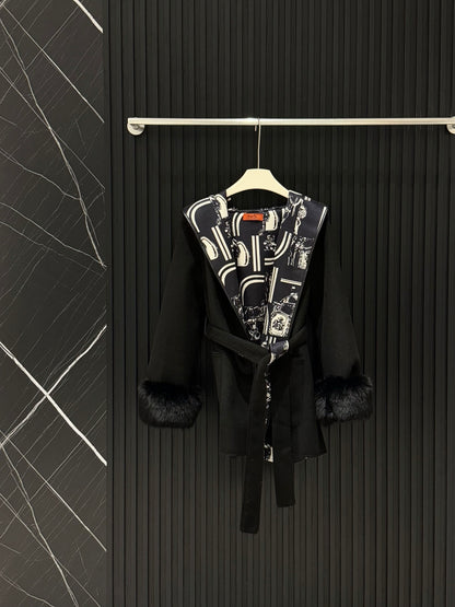 Hermès Old Money Style Detachable Fur Sleeve Wool Coat