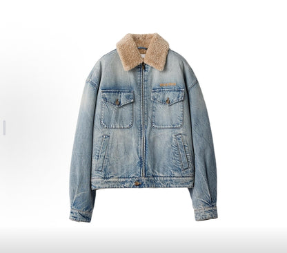 Miu Miu Washed Lambswool Embroidered Denim Jacket