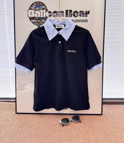 Miu Miu Preppy Embroidered Striped Polo Shirt