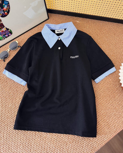 Miu Miu Preppy Embroidered Striped Polo Shirt