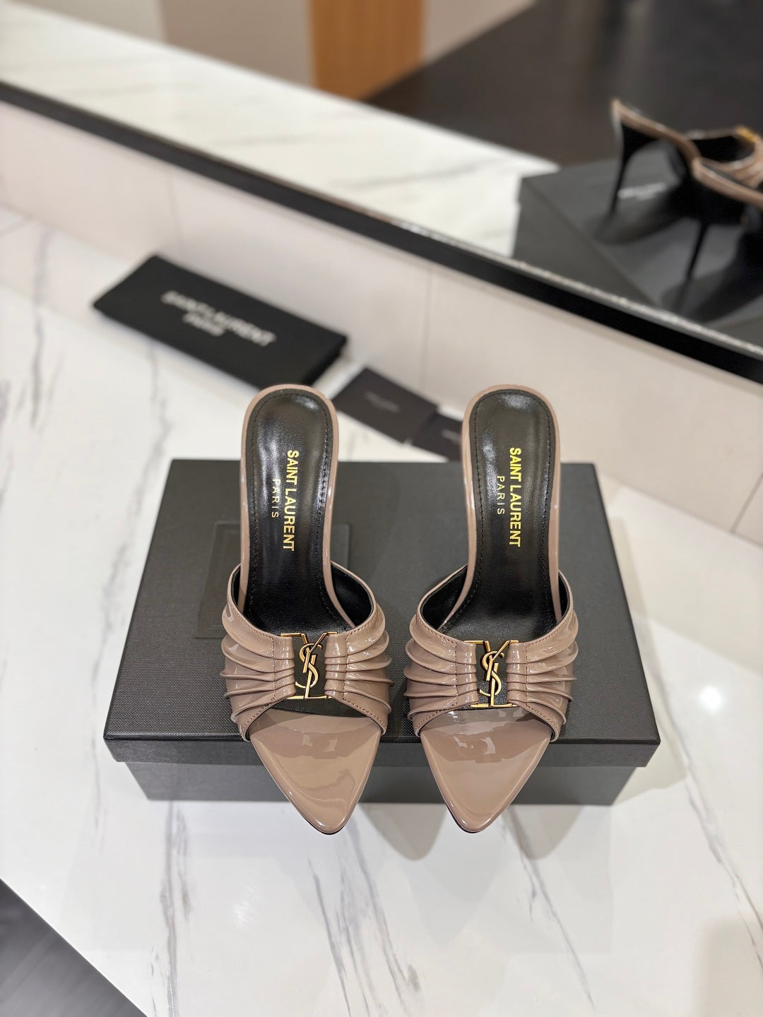 Saint Laurent Crystal Chain Patent Leather Heeled Sandals – 2025 Spring/Summer Collection