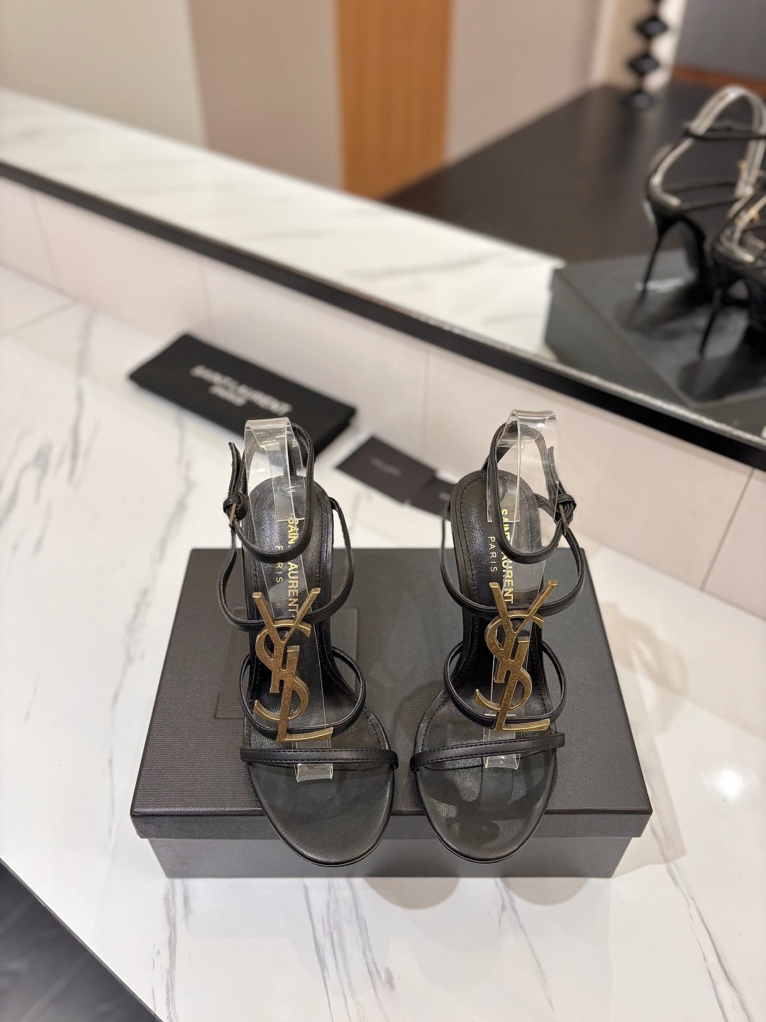 Saint Laurent YSL Logo Mirror Leather Heeled Sandals