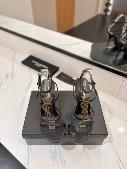 Saint Laurent YSL Logo Mirror Leather Heeled Sandals