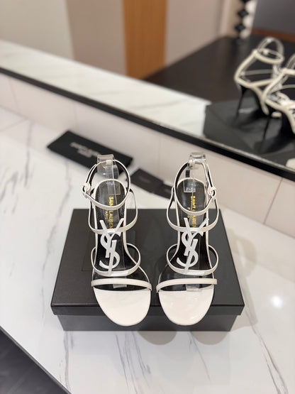 Saint Laurent YSL Logo Mirror Leather Heeled Sandals
