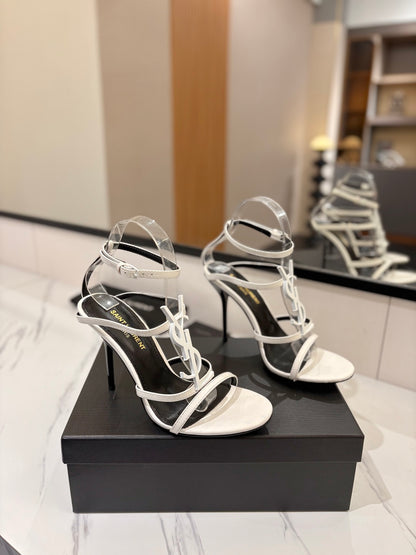 Saint Laurent YSL Logo Mirror Leather Heeled Sandals