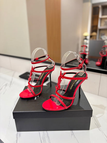 Saint Laurent YSL Logo Mirror Leather Heeled Sandals