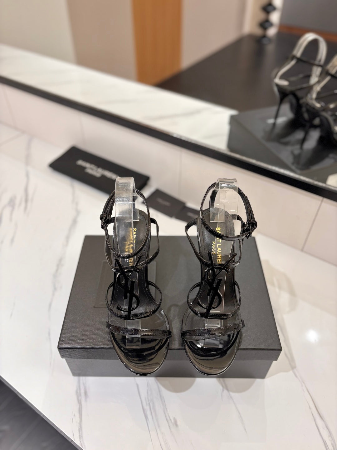 Saint Laurent YSL Logo Mirror Leather Heeled Sandals
