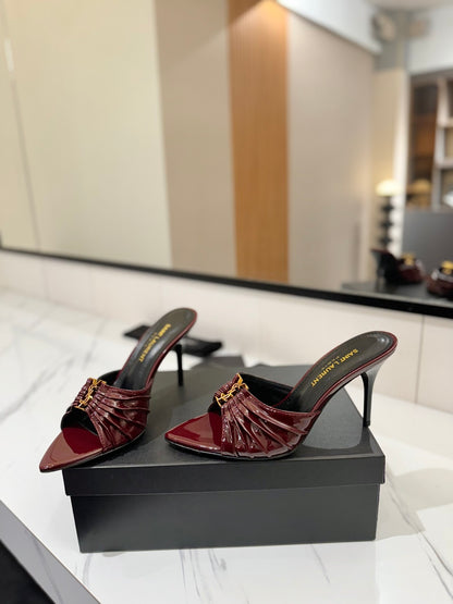 Saint Laurent Crystal Chain Patent Leather Heeled Sandals – 2025 Spring/Summer Collection