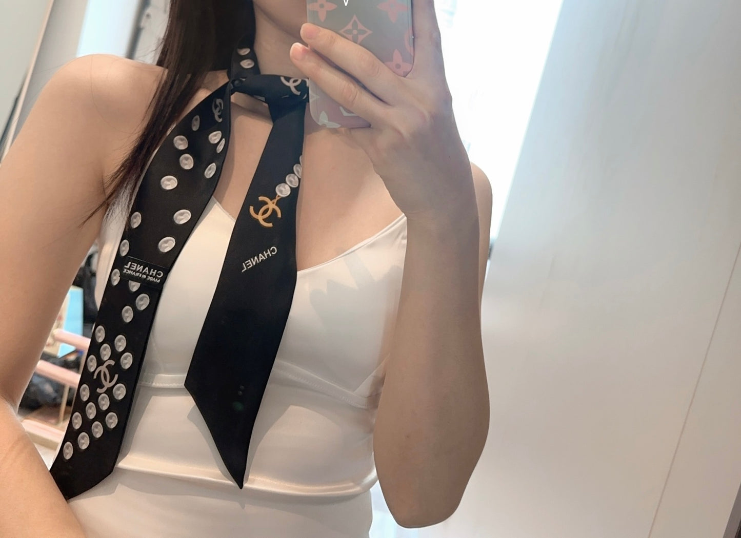 Chanel Small Pearl Silk Twilly Scarf
