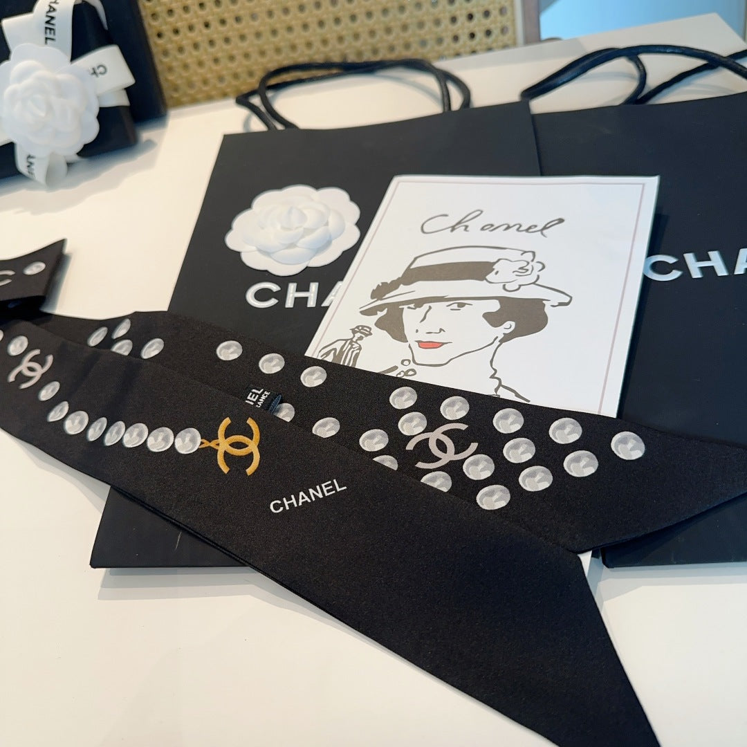Chanel Small Pearl Silk Twilly Scarf