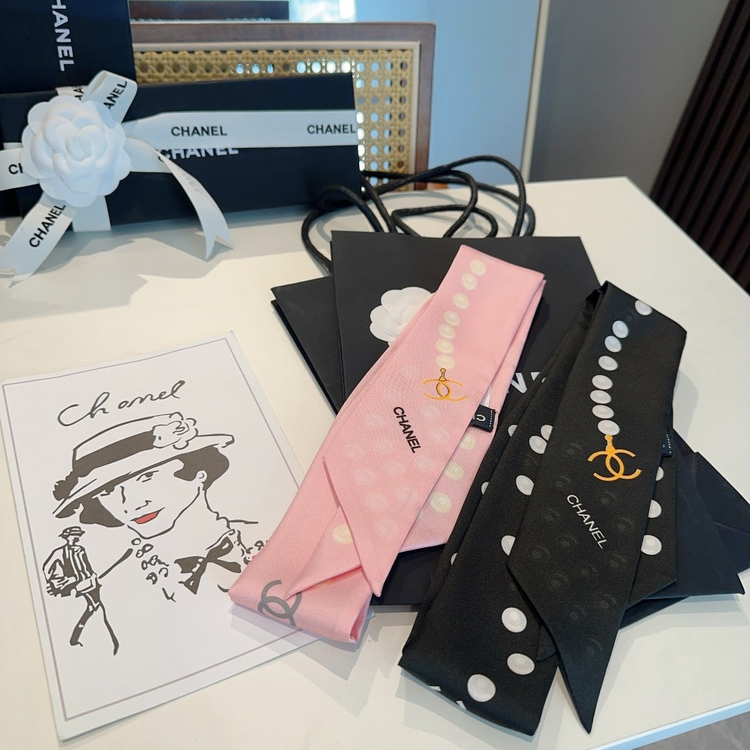 Chanel Pearl Silk Twilly Scarf