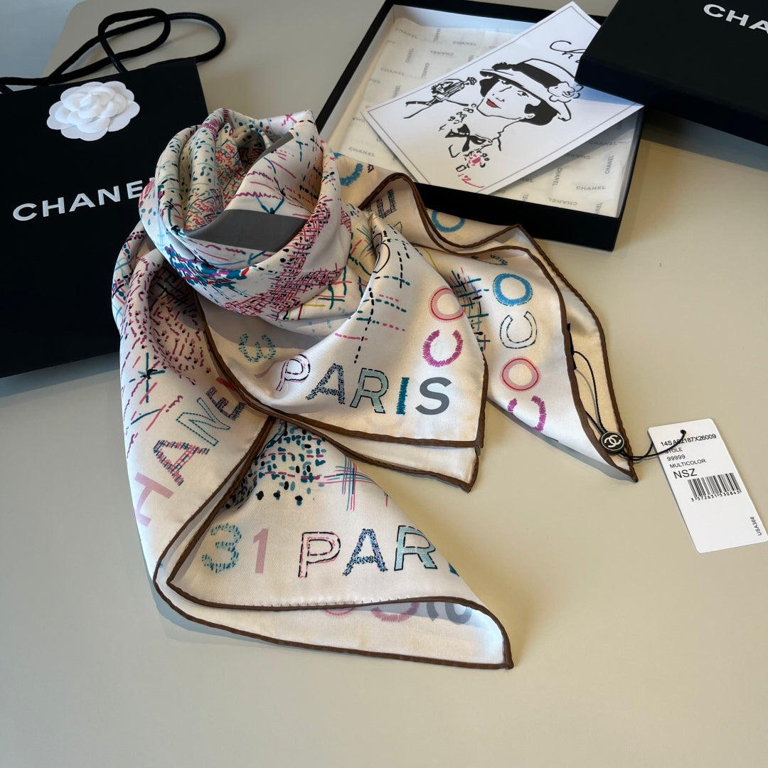 Chanel Colorful Striped Silk Square Scarf