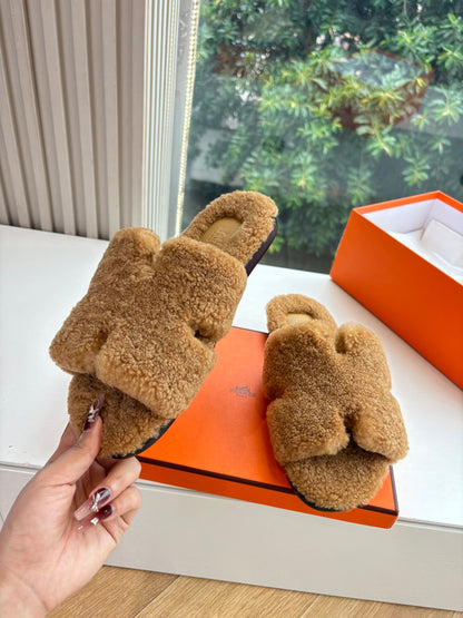 Hermès H-Shaped Fur Slippers – 2025 Collection