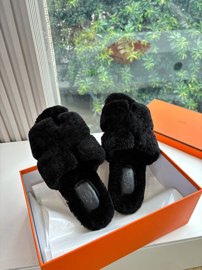 Hermès H-Shaped Fur Slippers – 2025 Collection