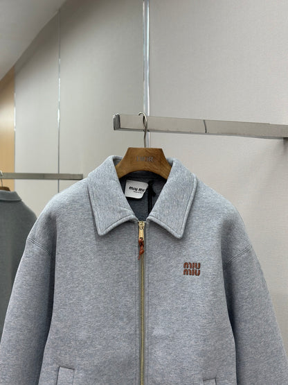 Miu Miu Embroidered Leather Patch Zipper Jacket
