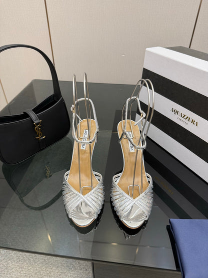 Aquazzura Rhinestone Silk Heeled Sandals – Spring/Summer Collection