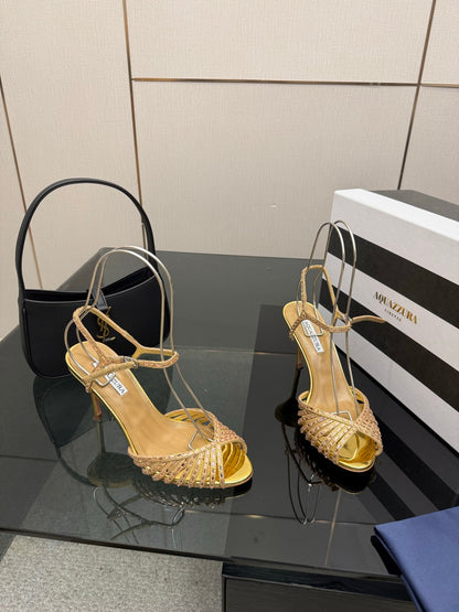 Aquazzura Rhinestone Silk Heeled Sandals – Spring/Summer Collection