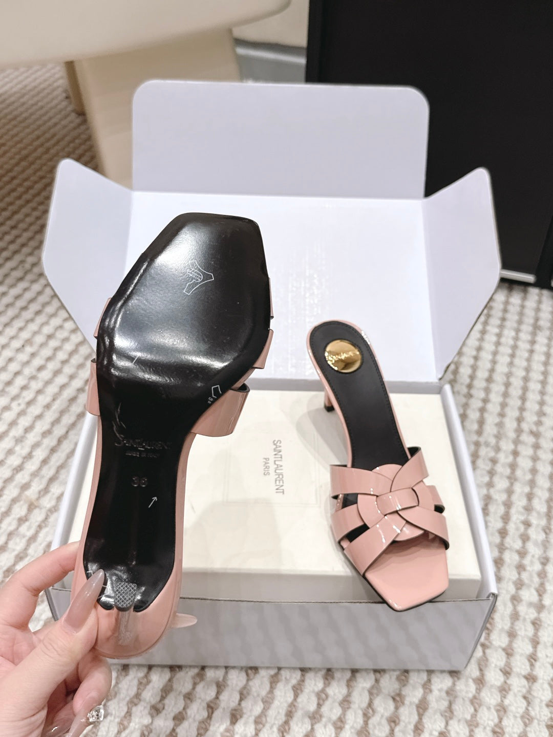 Saint Laurent Melody Square-Toe Heeled Sandals – 2026 Spring/Summer Collection