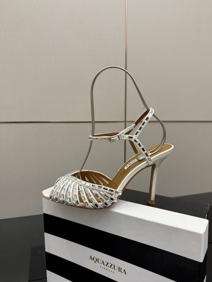 Aquazzura Rhinestone Silk Heeled Sandals – Spring/Summer Collection