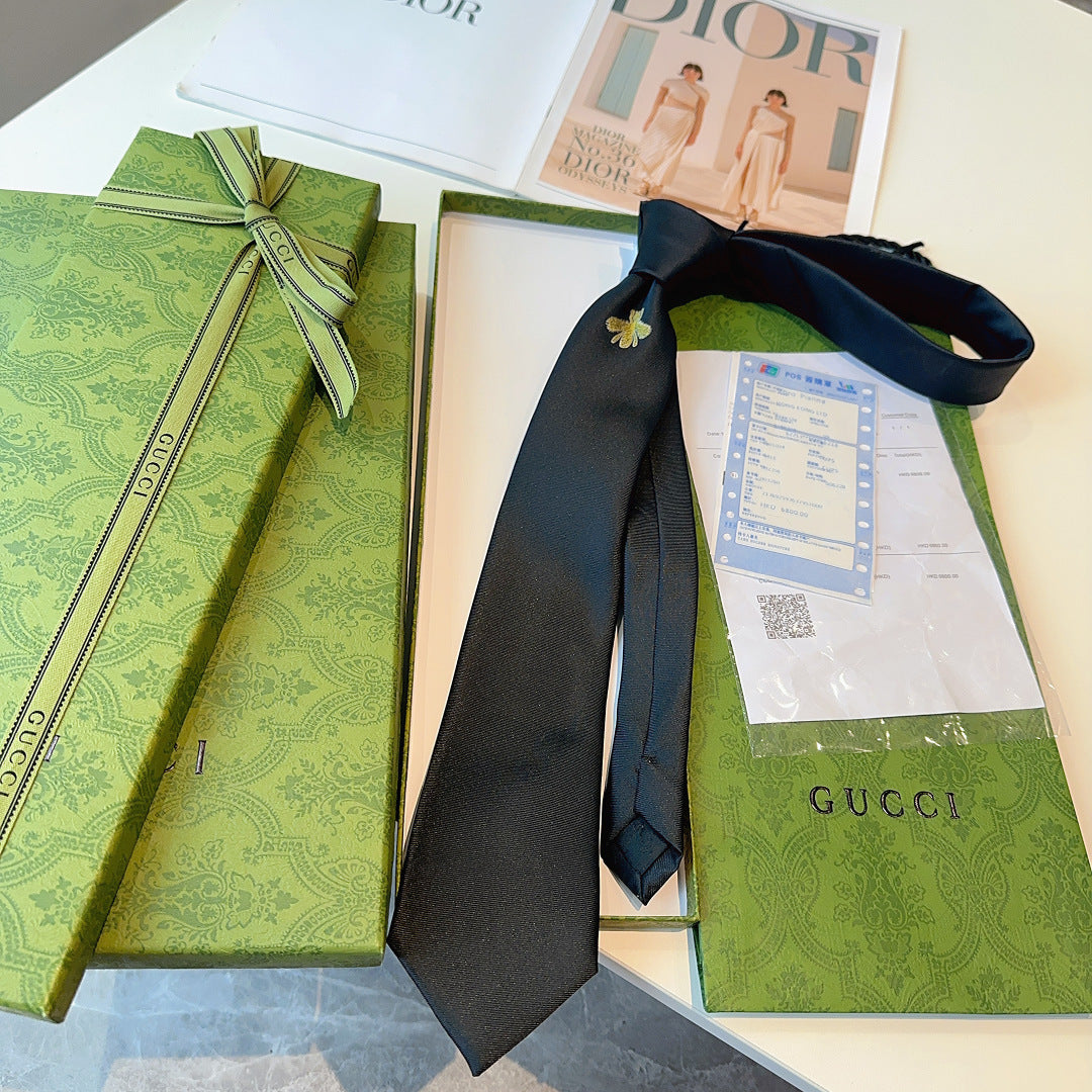 Gucci Silk Tie with Gold Bee Embroidery