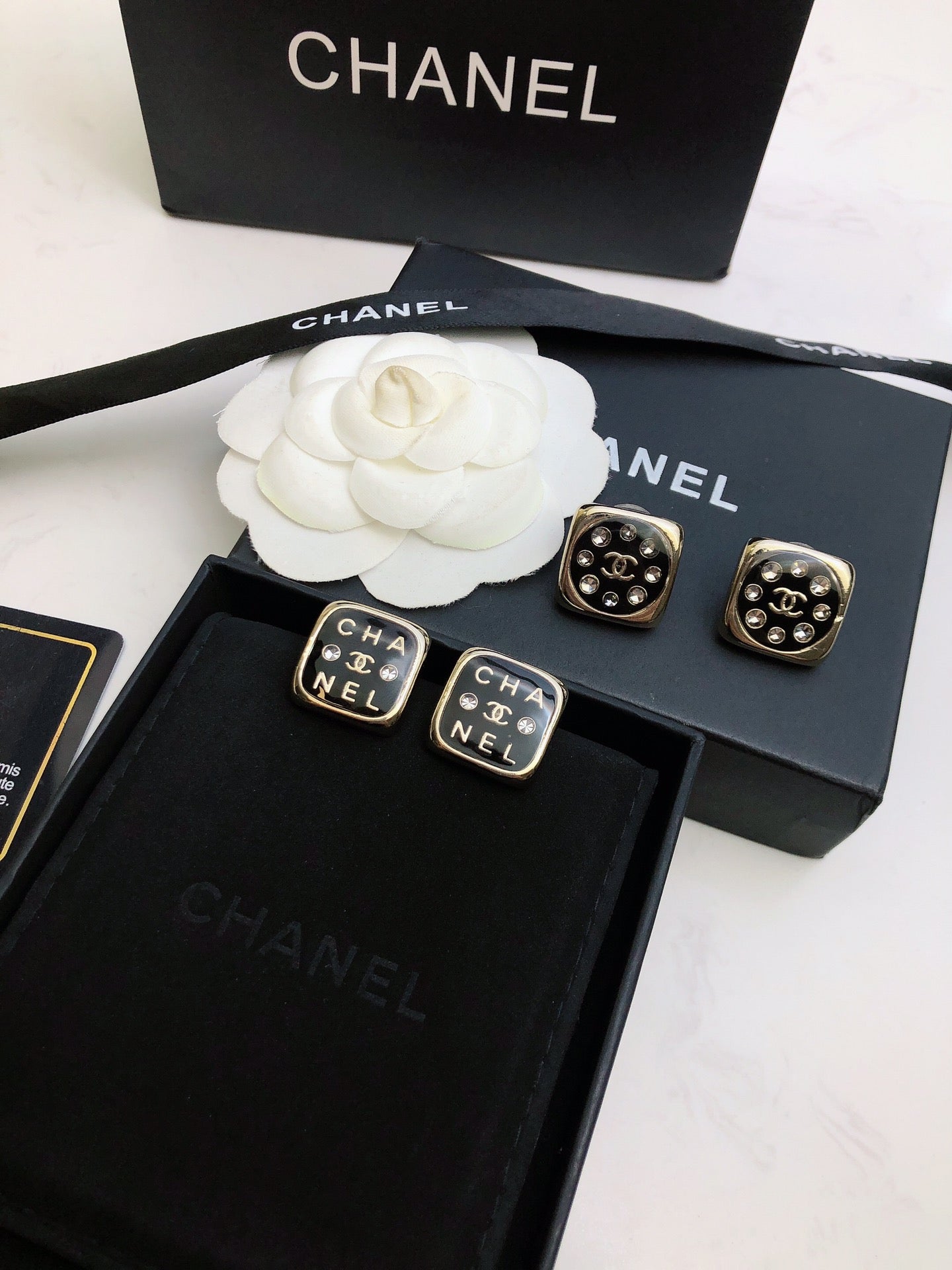 Chanel Acrylic Swarovski Crystal Stud Earrings