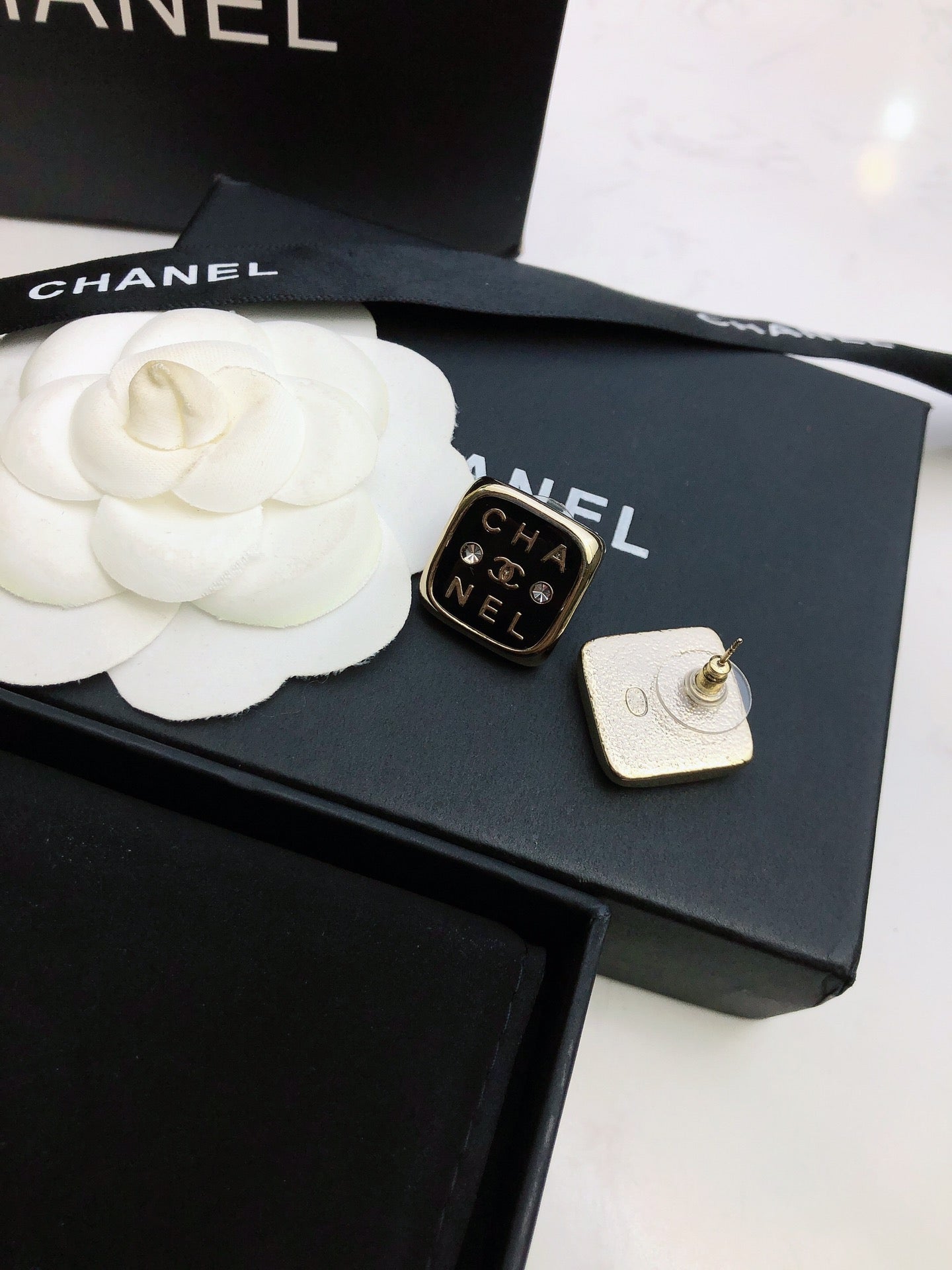 Chanel Acrylic Swarovski Crystal Stud Earrings