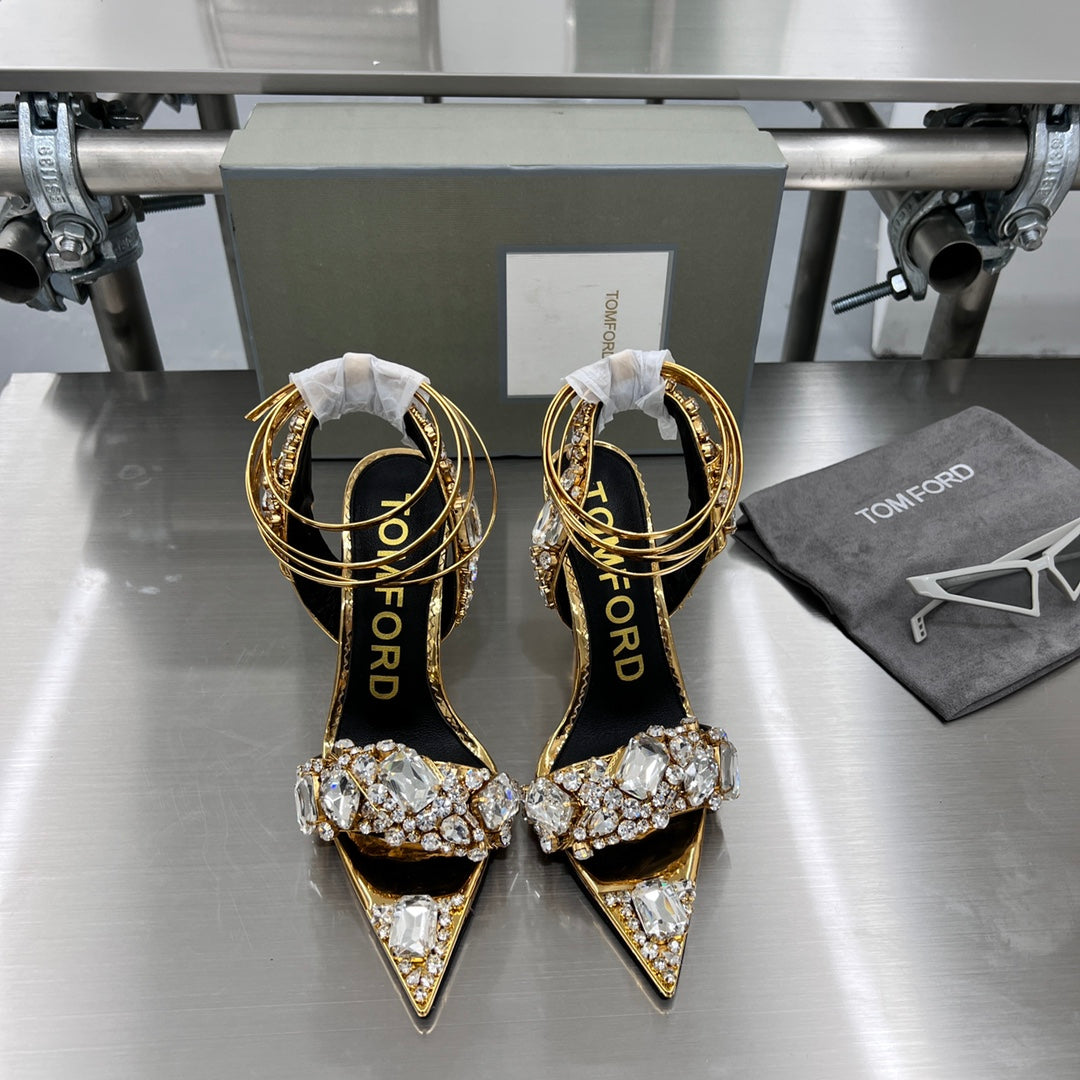 Tom Ford Gold Crystal Heeled Sandals
