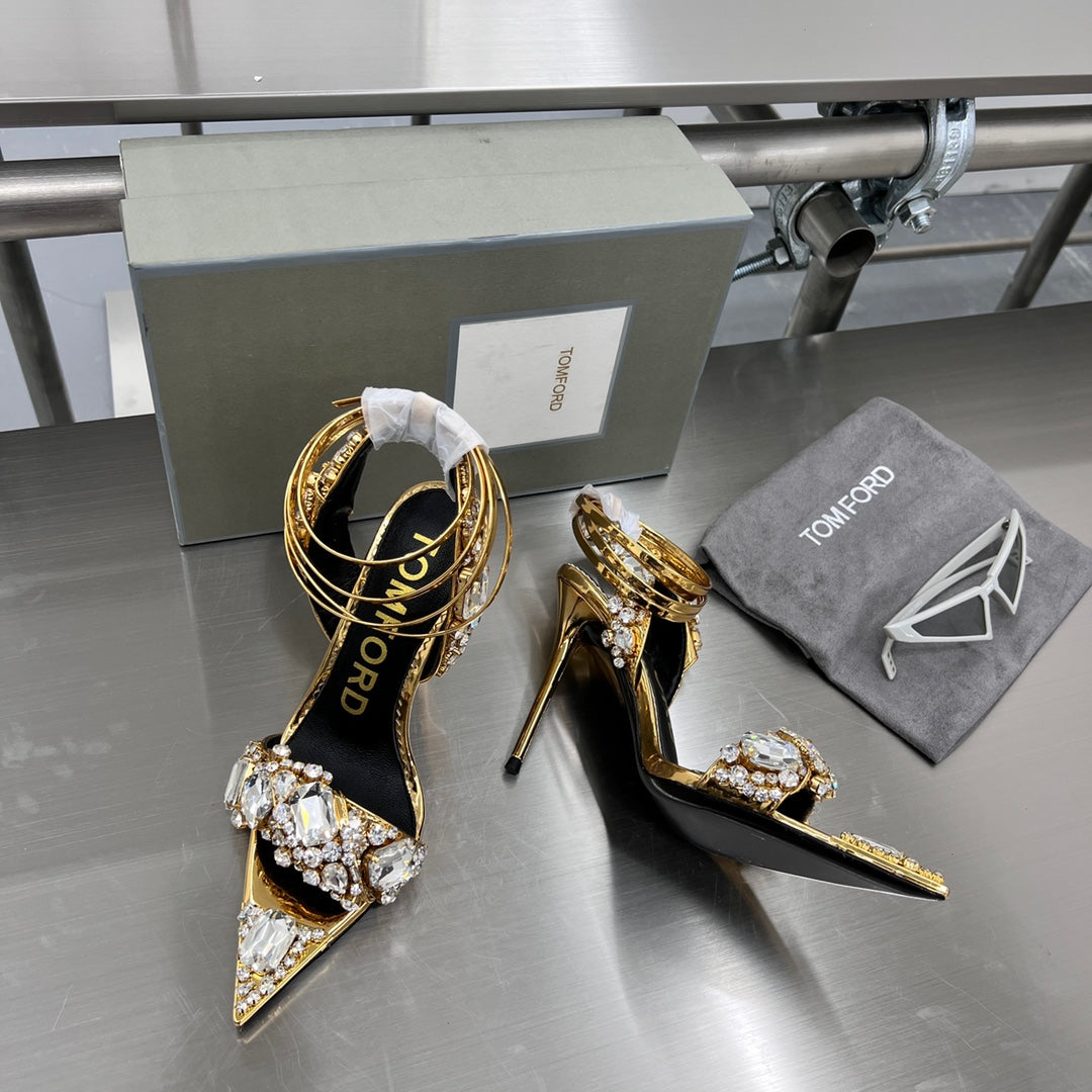 Tom Ford Gold Crystal Heeled Sandals