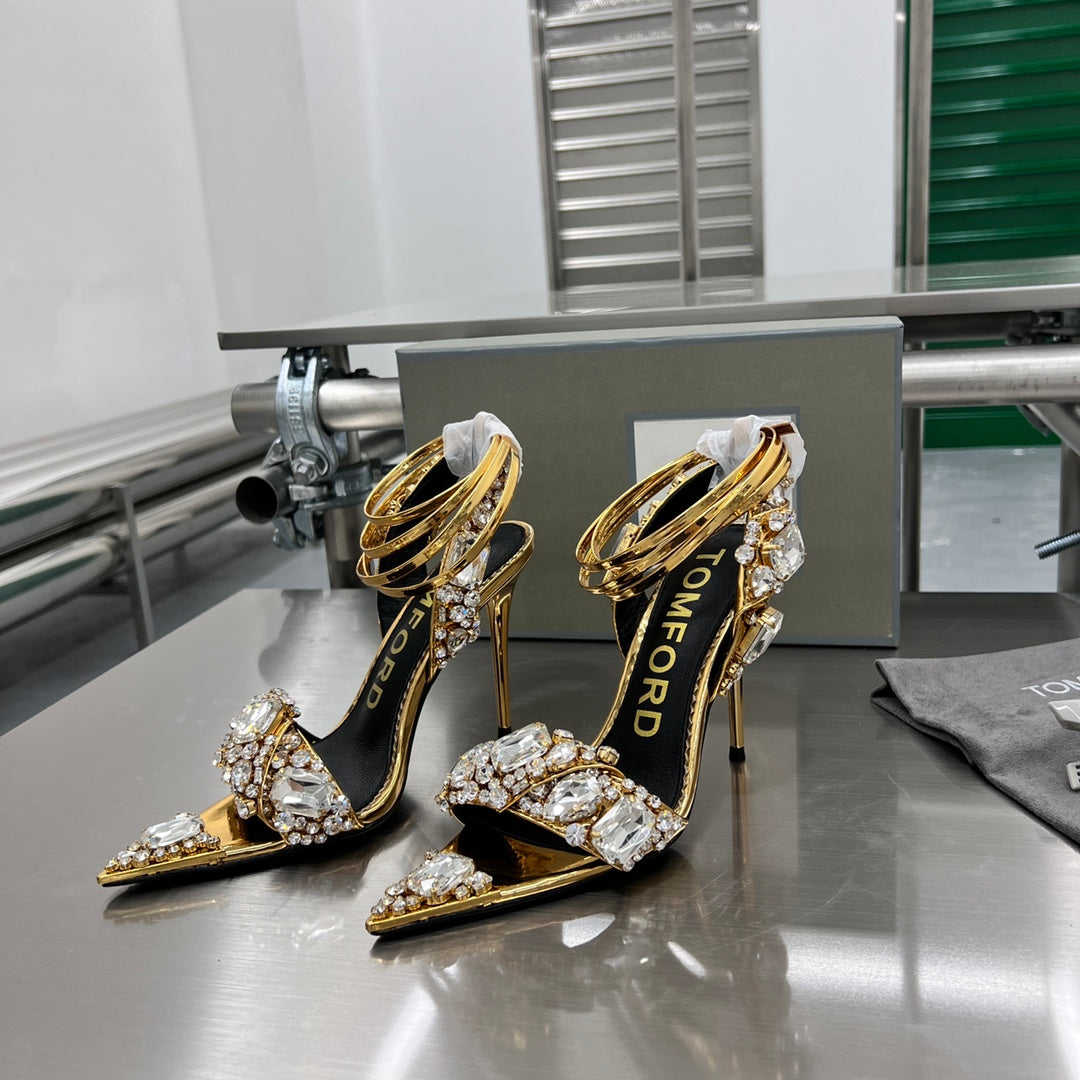 Tom Ford Gold Crystal Heeled Sandals