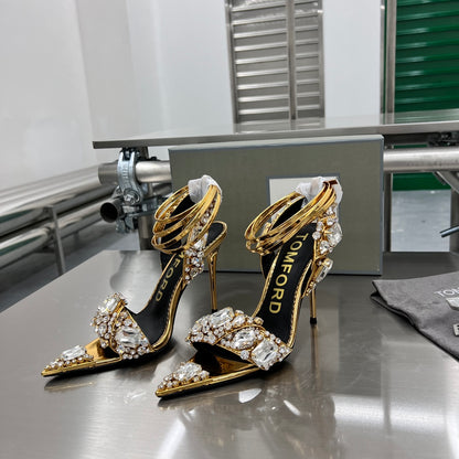 Tom Ford Gold Crystal Heeled Sandals
