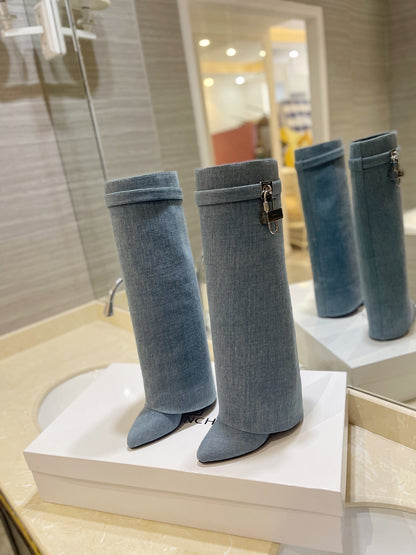 Givenchy Washed Denim Lock Knee-High Boots – 2023SS