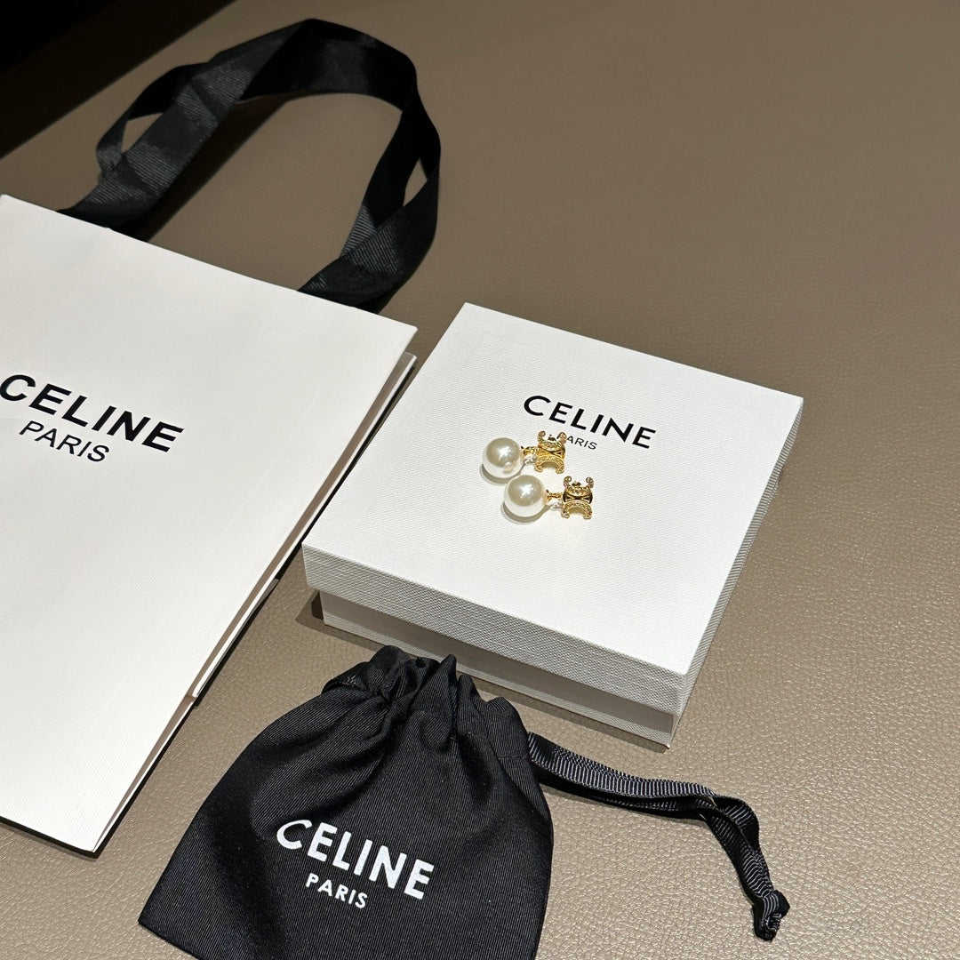 Celine Gold Triomphe Pearl Stud Earrings – New Collection