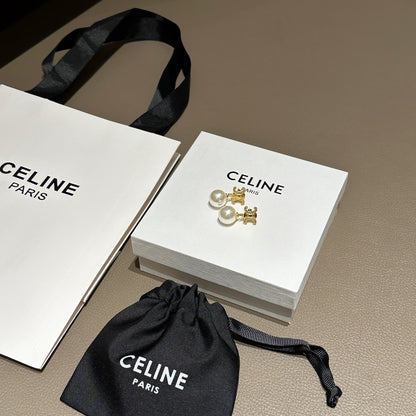 Celine Gold Triomphe Pearl Stud Earrings – New Collection