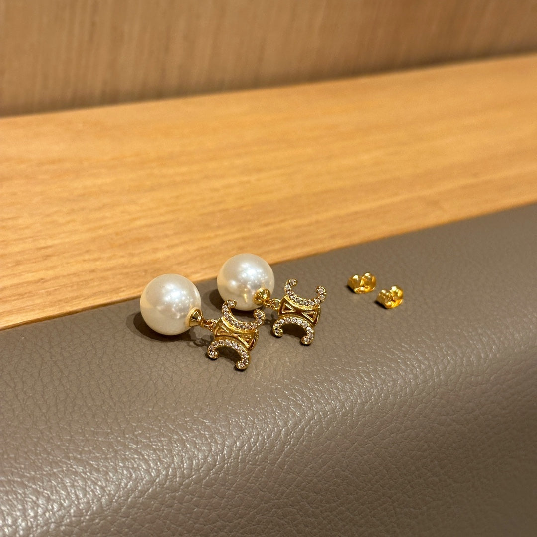 Celine Gold Triomphe Pearl Stud Earrings – New Collection
