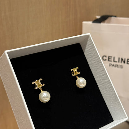 Celine Gold Triomphe Pearl Stud Earrings – New Collection