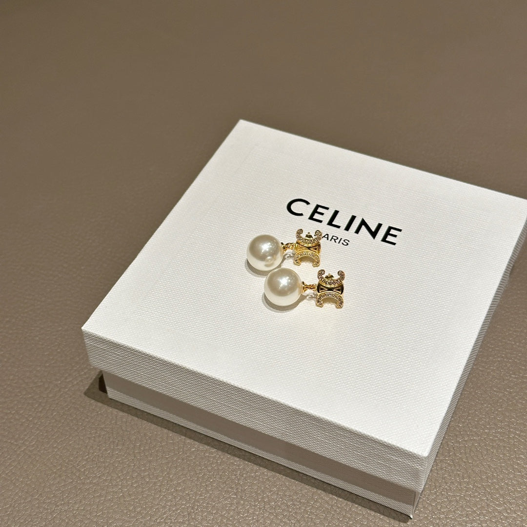Celine Gold Triomphe Pearl Stud Earrings – New Collection