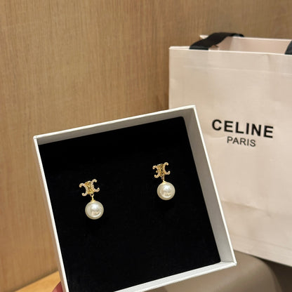 Celine Gold Triomphe Pearl Stud Earrings – New Collection