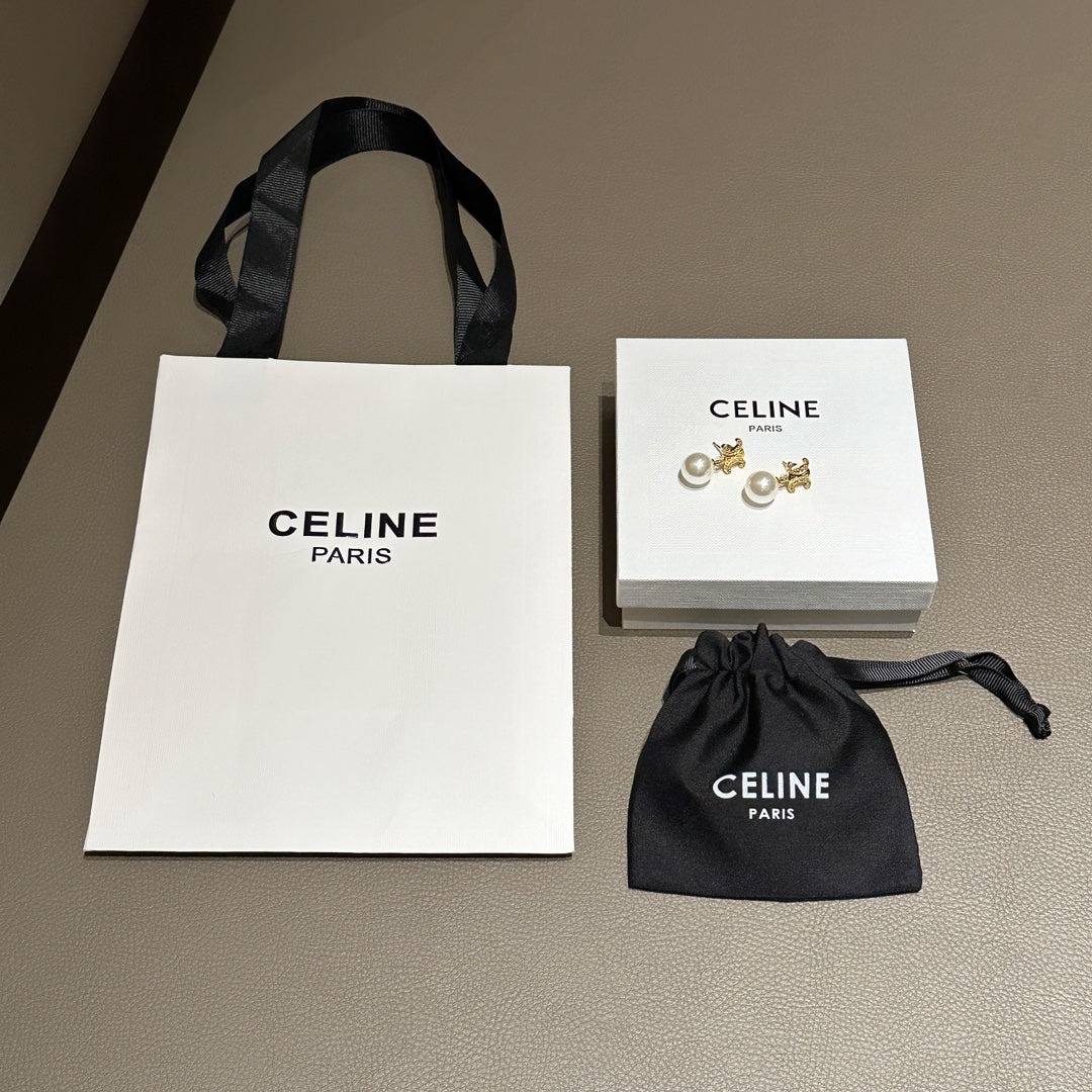 Celine Gold Triomphe Pearl Stud Earrings – New Collection