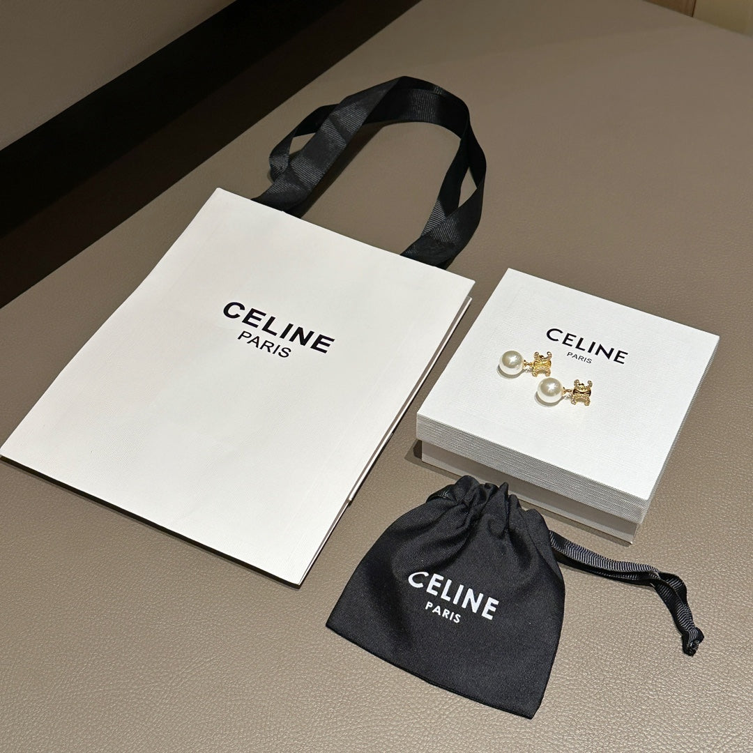 Celine Gold Triomphe Pearl Stud Earrings – New Collection
