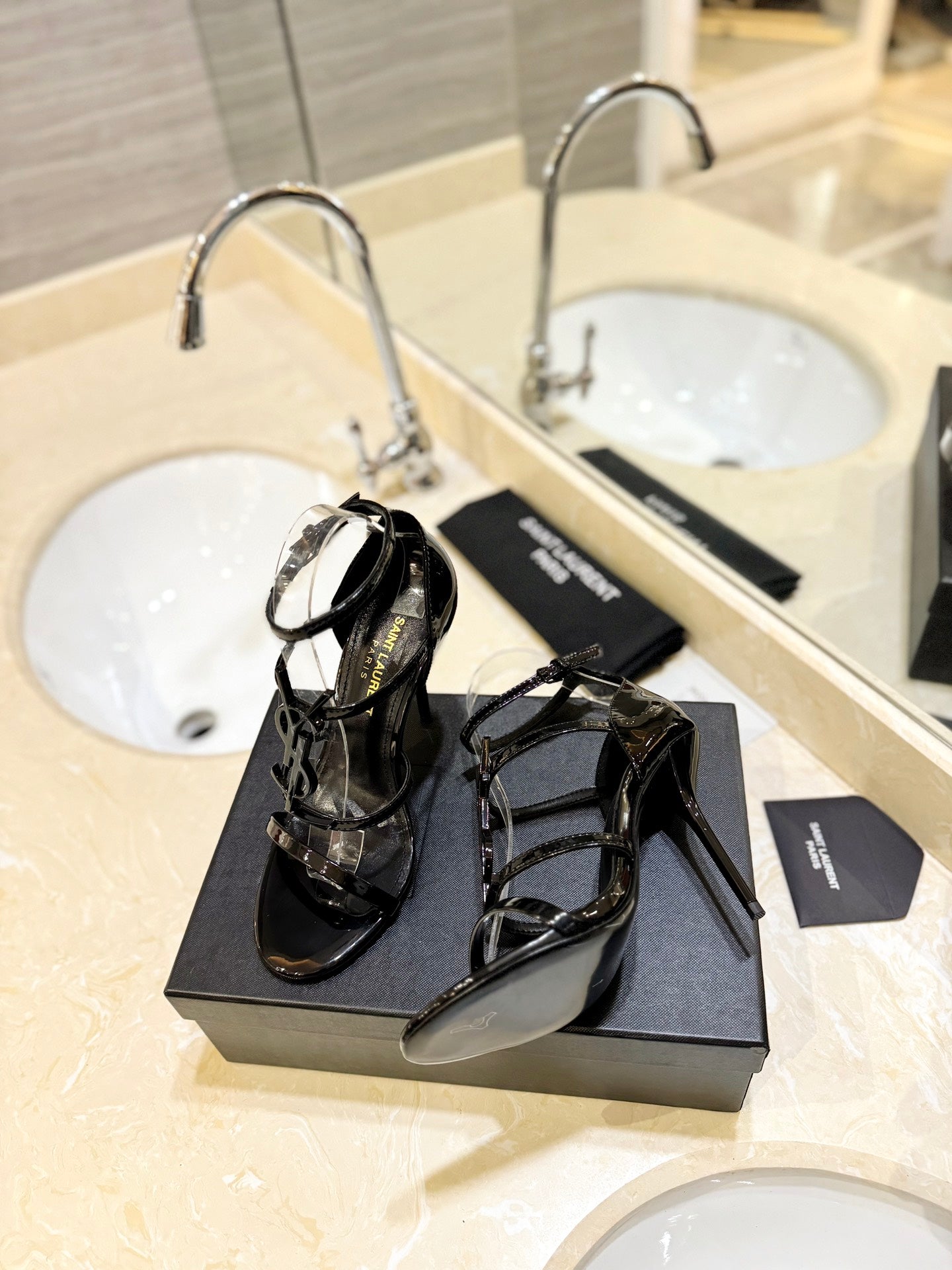 Saint Laurent YSL Logo Lacquer Heeled Sandals
