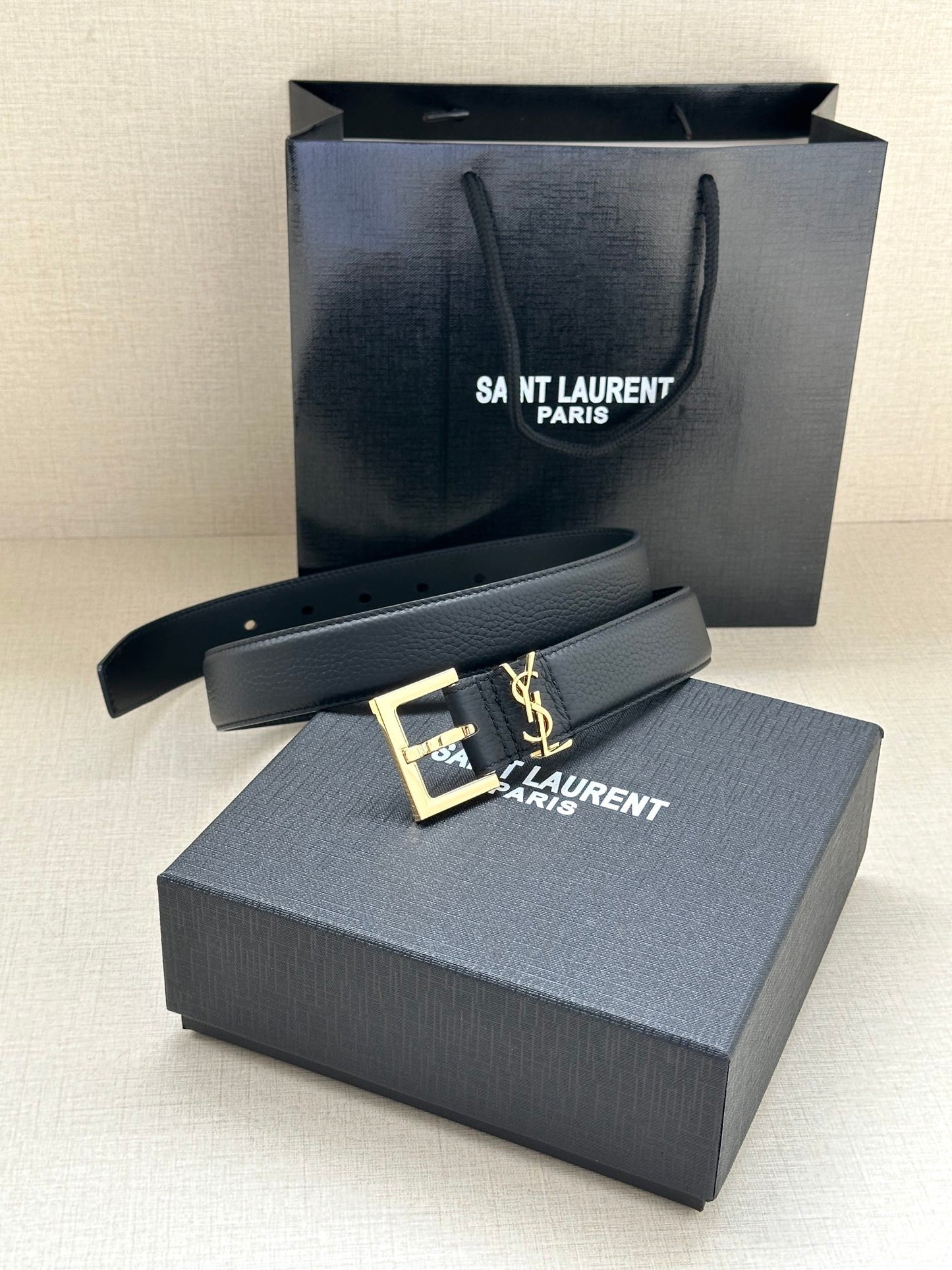 Saint Laurent Monogram Embossed Leather Narrow Belt