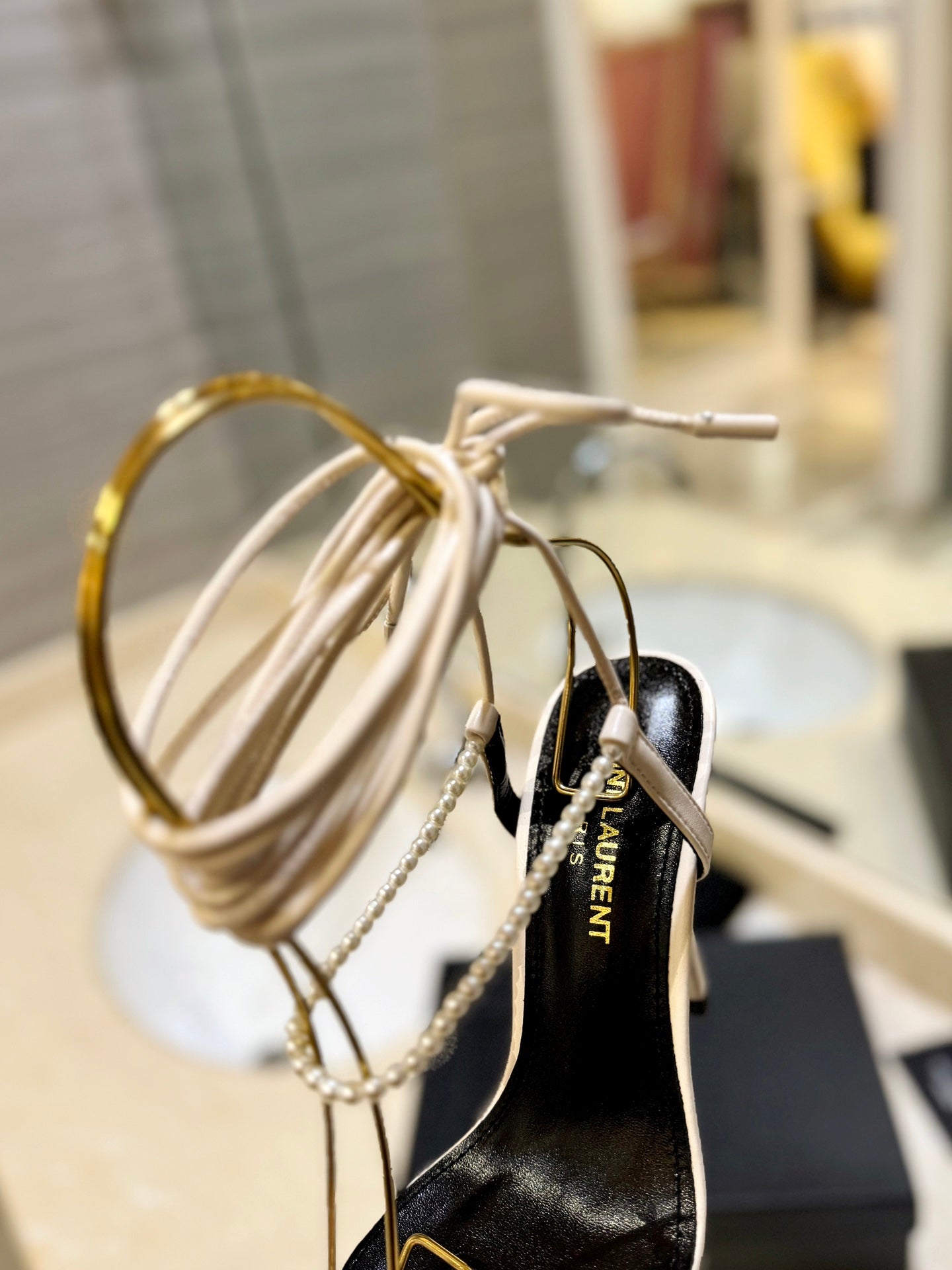 Saint Laurent YSL Pearl Strappy Heeled Sandals