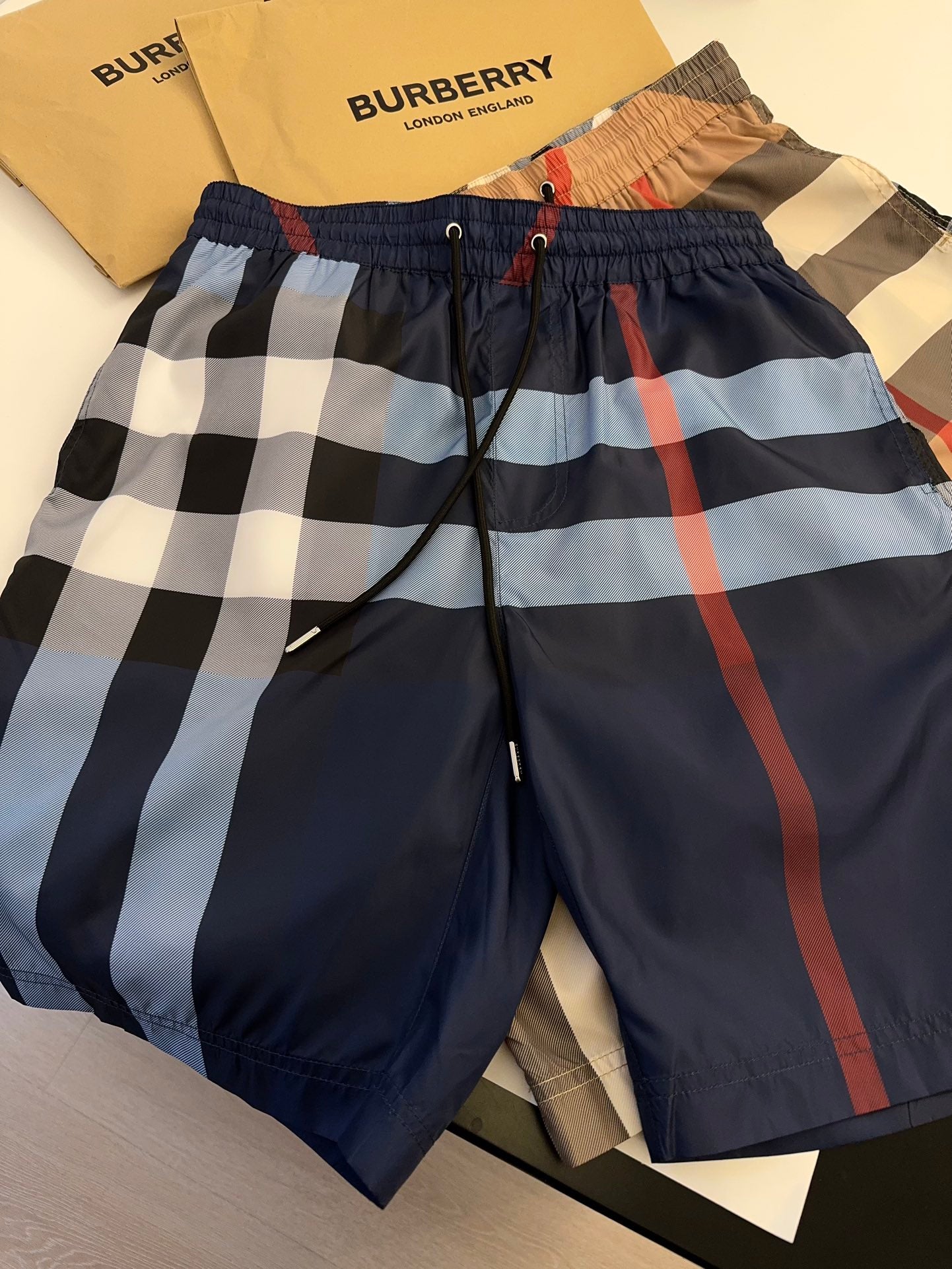 Burberry Large Check Drawstring Beach Shorts
