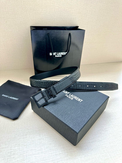 Saint Laurent Monogram Crocodile Embossed Leather Narrow Belt